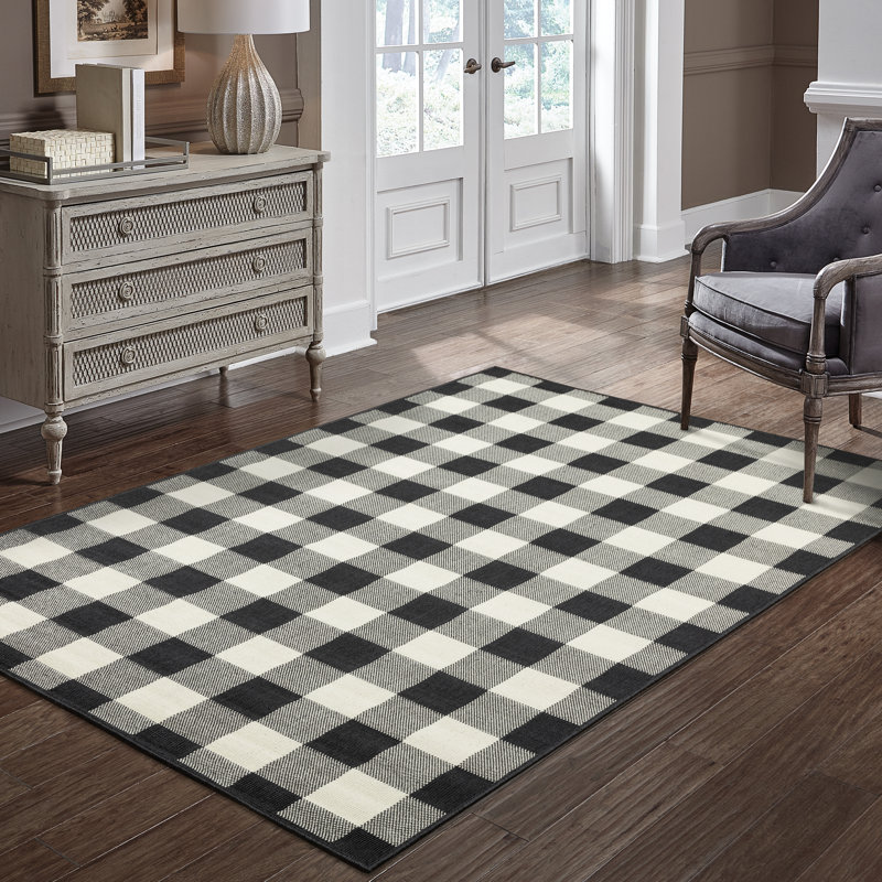 Millwood Pines Wiest Gingham Check Black Ivory Indoor Outdoor Area Wiest Gingham Check Black Ivory Indoor Outdoor Area Rug