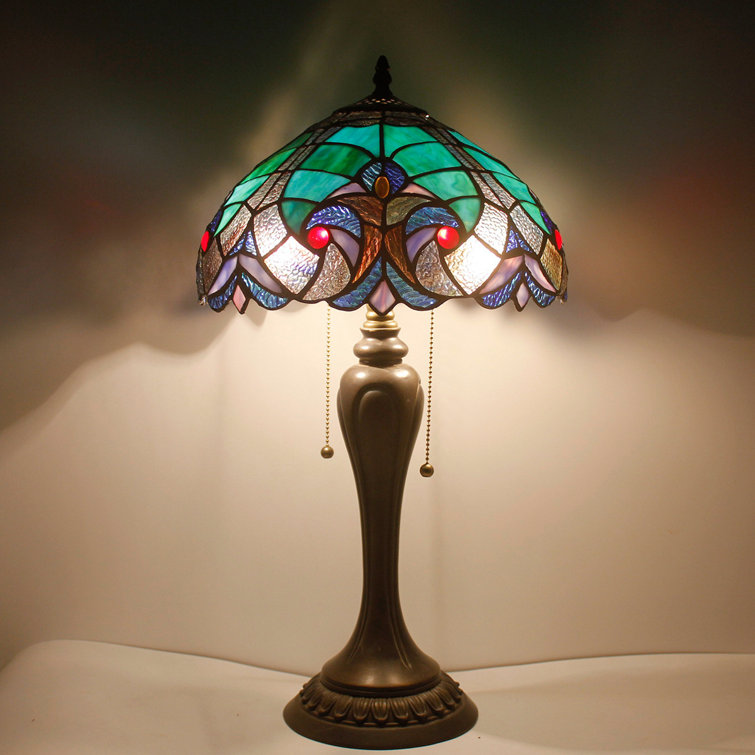 Bloomsbury Market Tiffany Style Table Lamp Bedside Stained Glass Green Liaison Shade Resin Base 22 Tall Teal Purple Thin Antique Desk Light Living Room Bedroom Luxurious Vintage Victorian Bloomsbury Market Led Bulb
