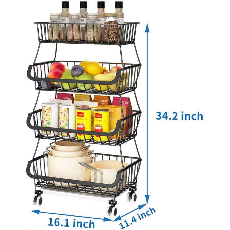 2 Tier Fruit Trolley Basket Rack Kitchen Storage Vegetable cart With Wheel-Black