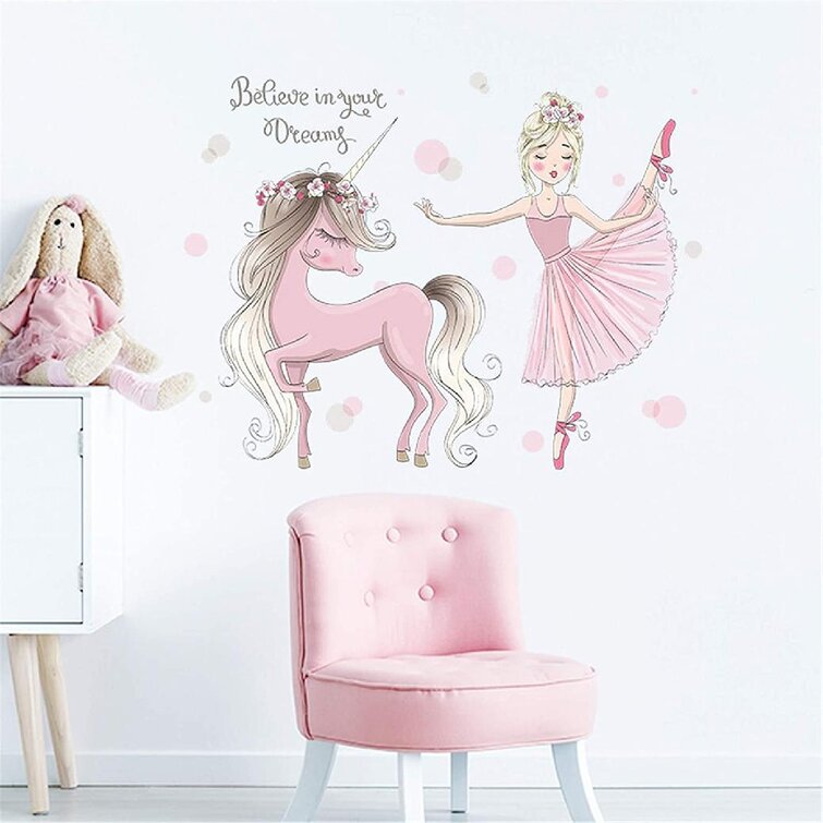 Zoomie Kids Colorful Cute Lovely Ballet Girl With Unicorn Wall Sticker For Kid Peel And Wall DecalDecoration For Nursery Baby Girl Bedroom Playroom Living Room | Wayfair
