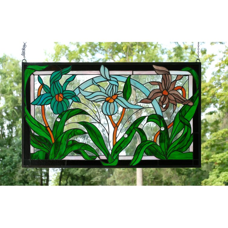 Iris Flowers Art Glass Window Panel Suncatcher 10 1/4" x 42" Horizontal Floral 