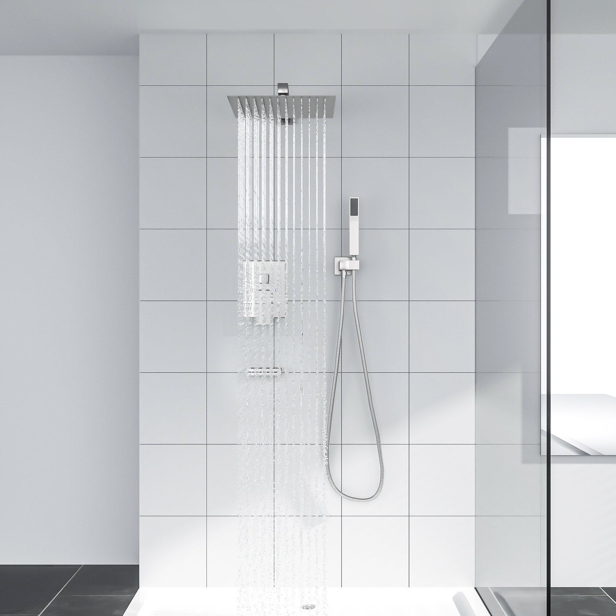 Wall Mounted Bathroom Rainfall Shower Faucet Showerhead Tub Spout+Diverter Valve 