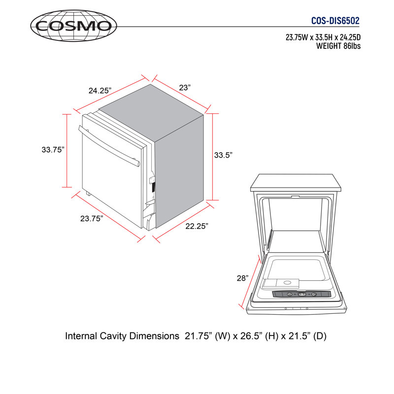 integrated dishwasher sizes