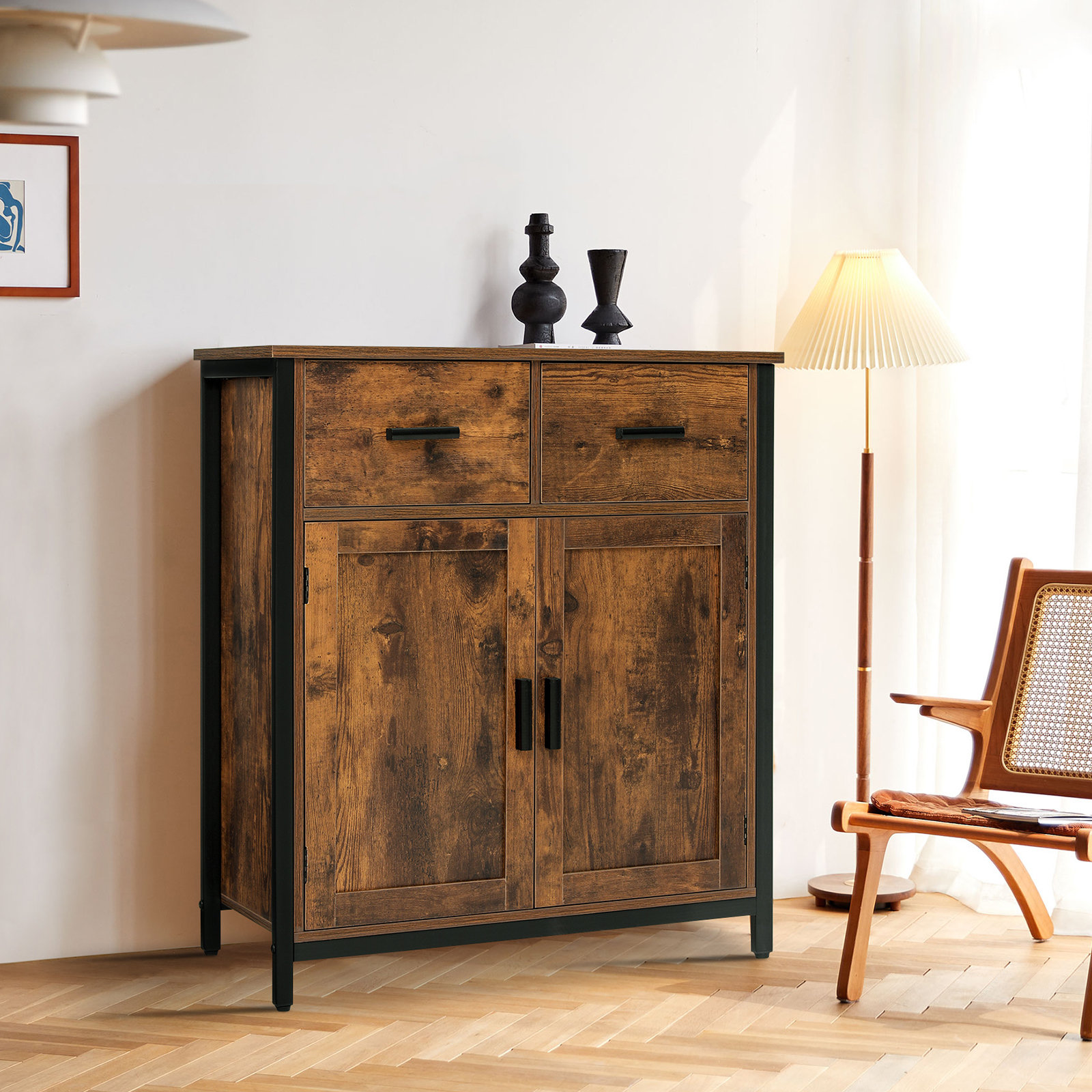 Storage Cabinet with Door & 3 Drawers Wood Floor Storage Cabinet 