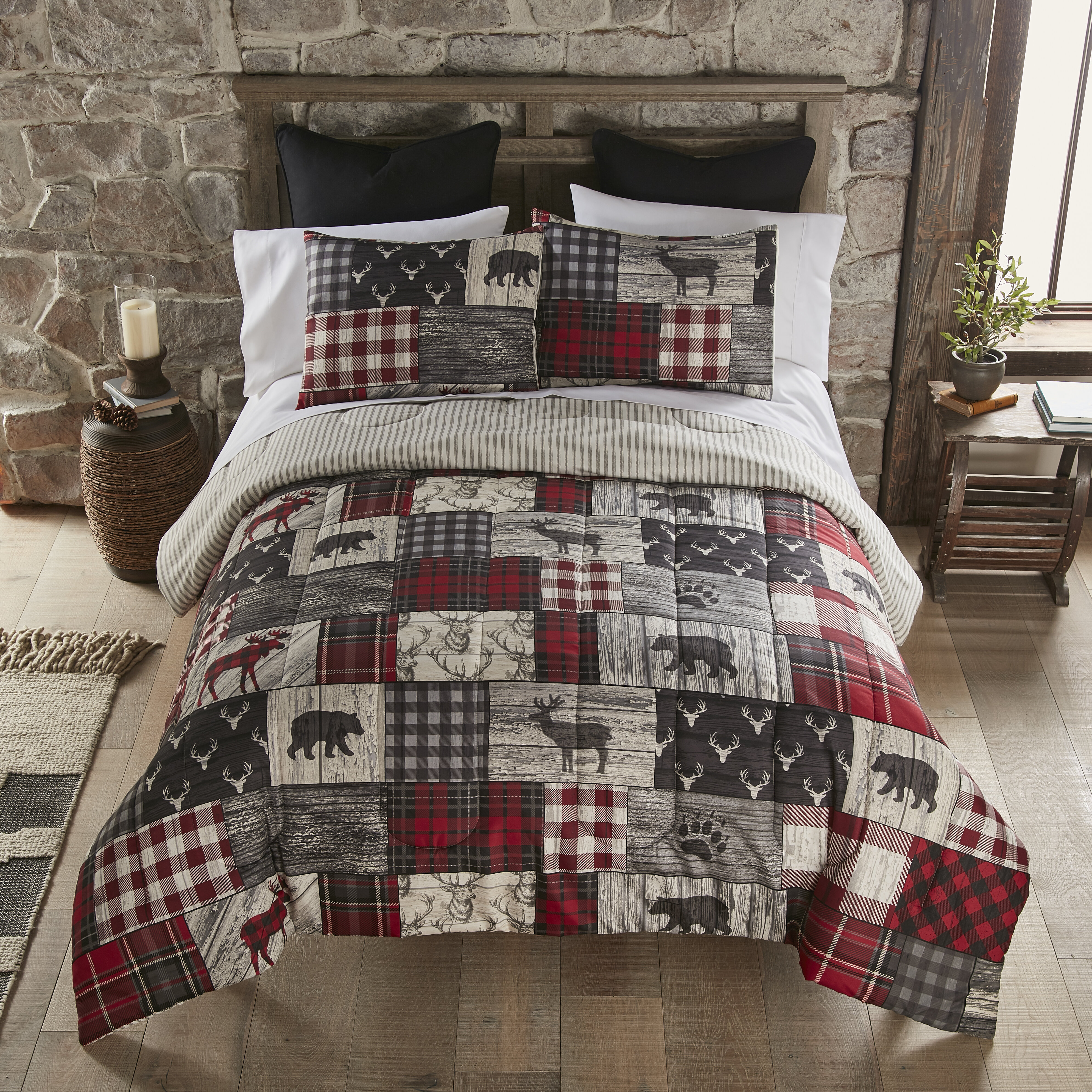 Country Farmhouse Rustic Cabin Black & Grey Plaid QUEEN 7 Piece Comforter Set 