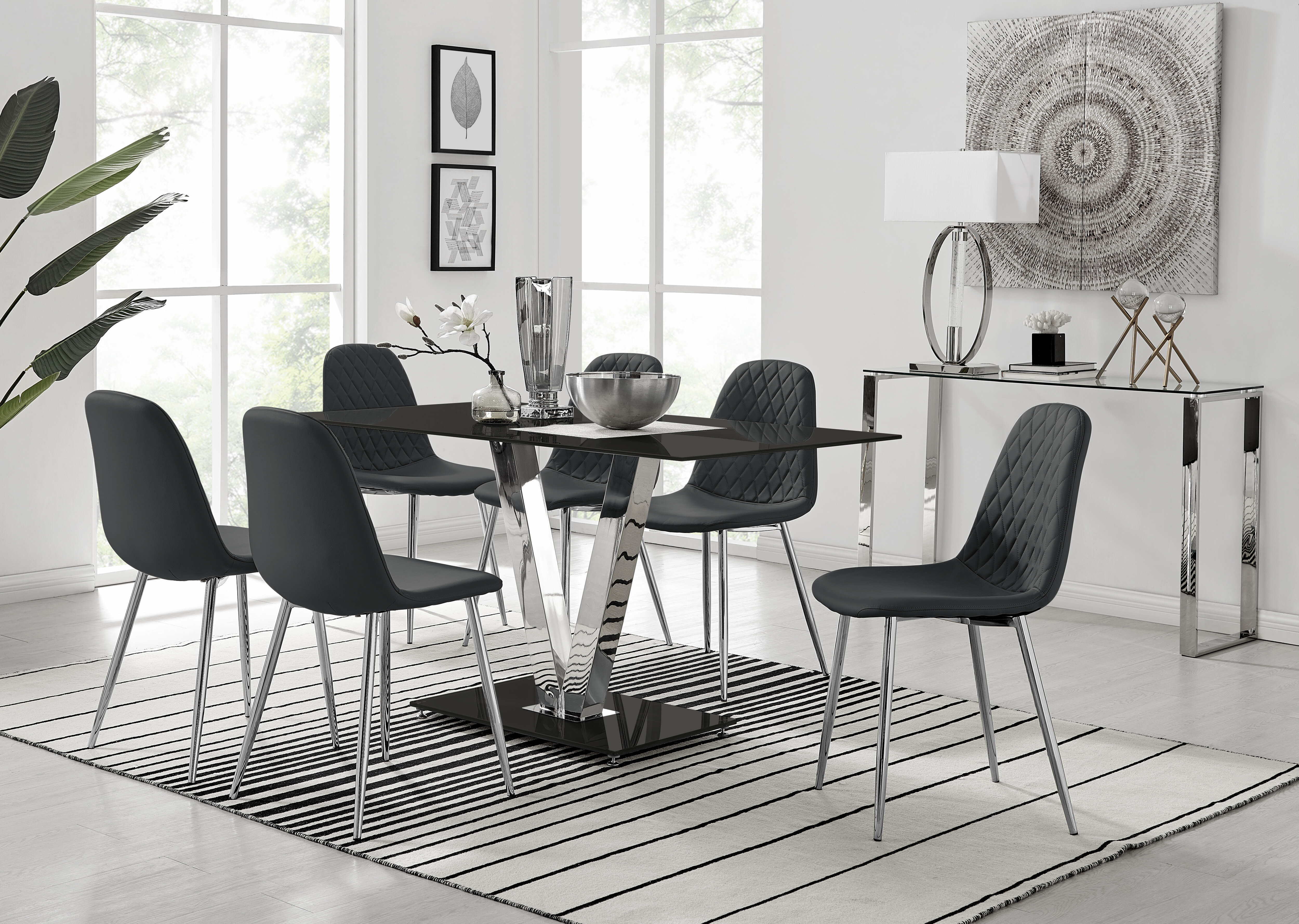 Furniturebox UK New FLORINI V Gloss Chrome Black Metal/Glass Dining Table Only 