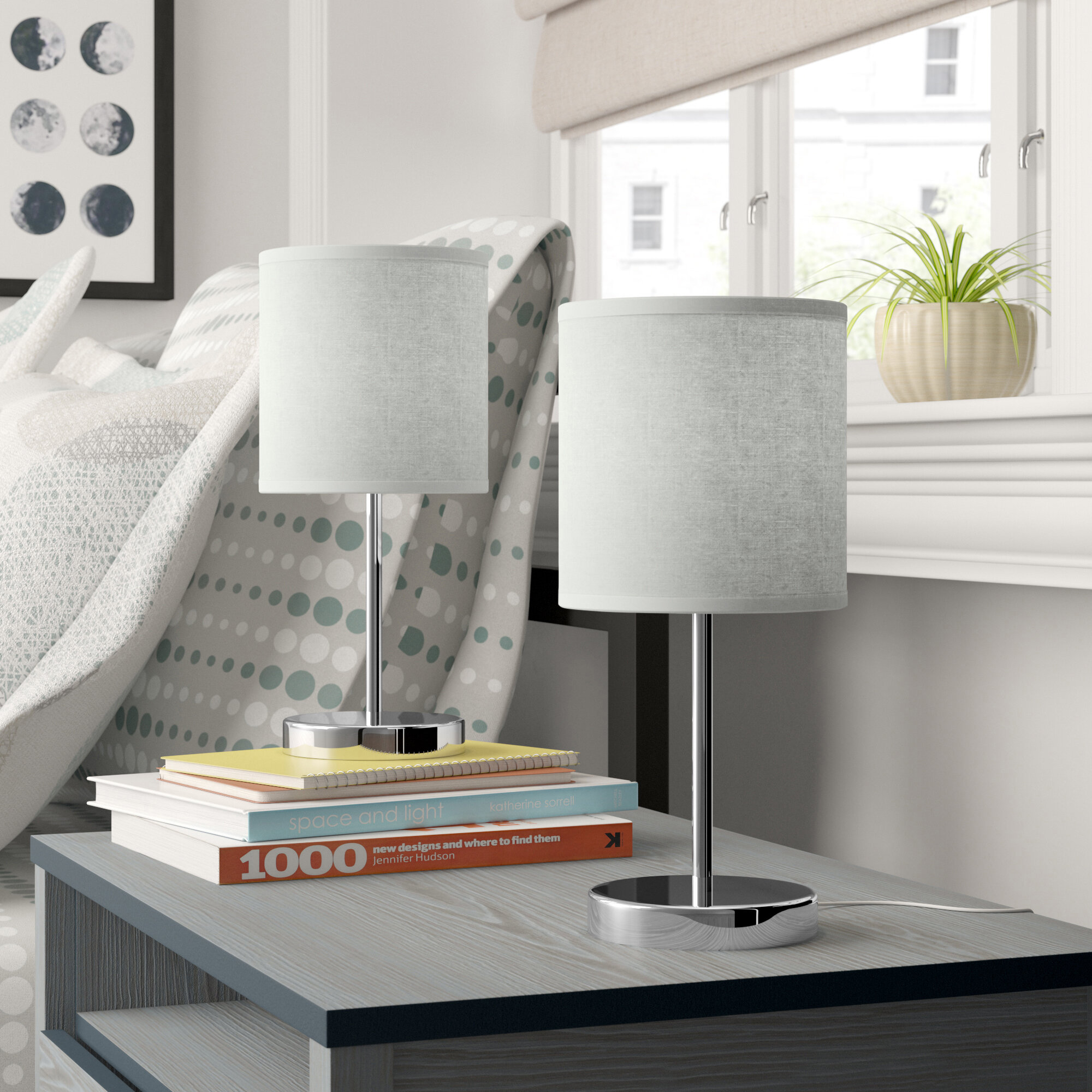 GREY Shade Table Lamp Light Silver Chrome Effect Base Bedside Living Room Decor