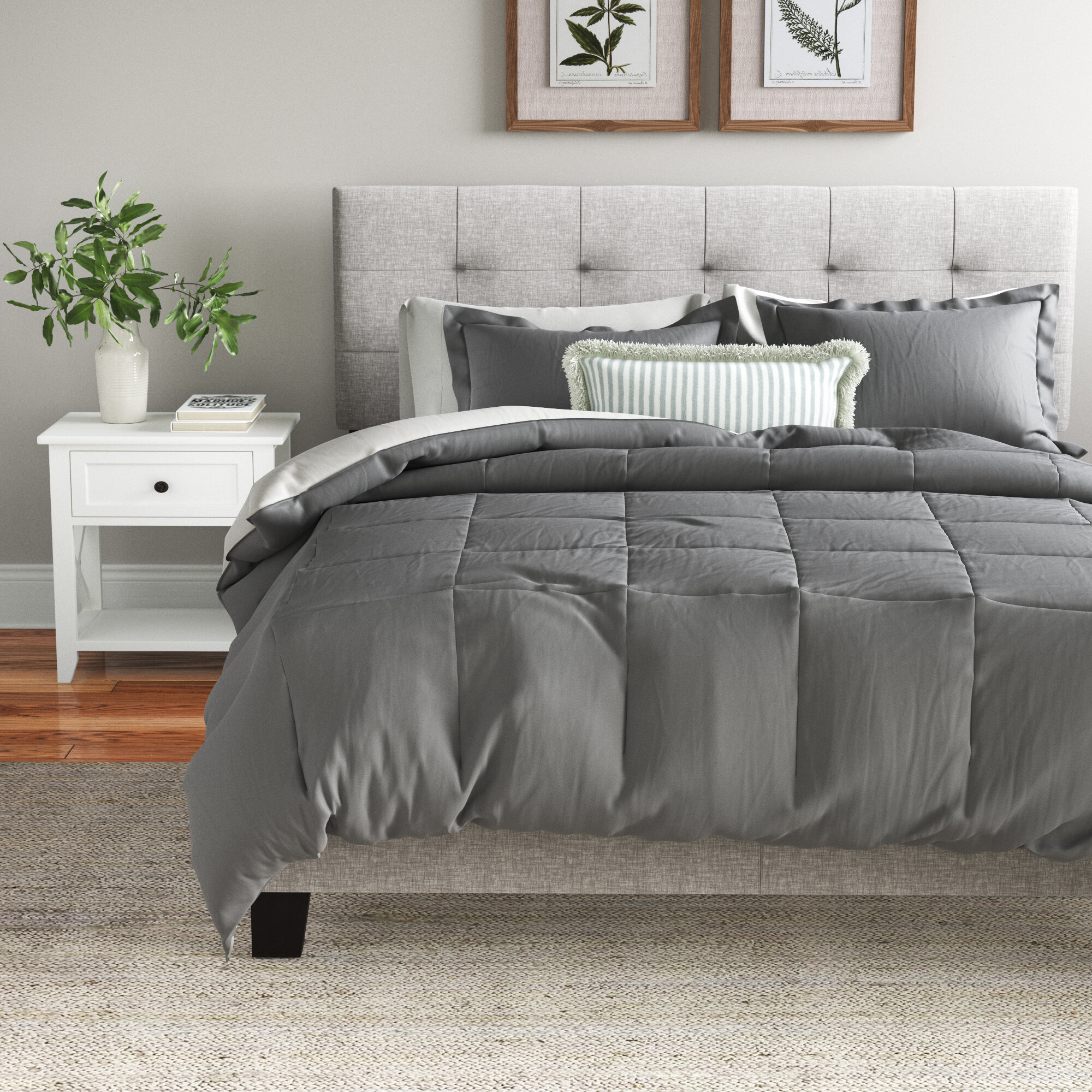 Twin XL Full Queen Cal King Bed Solid Gray Grey Soft 3 pc Comforter Set Bedding 