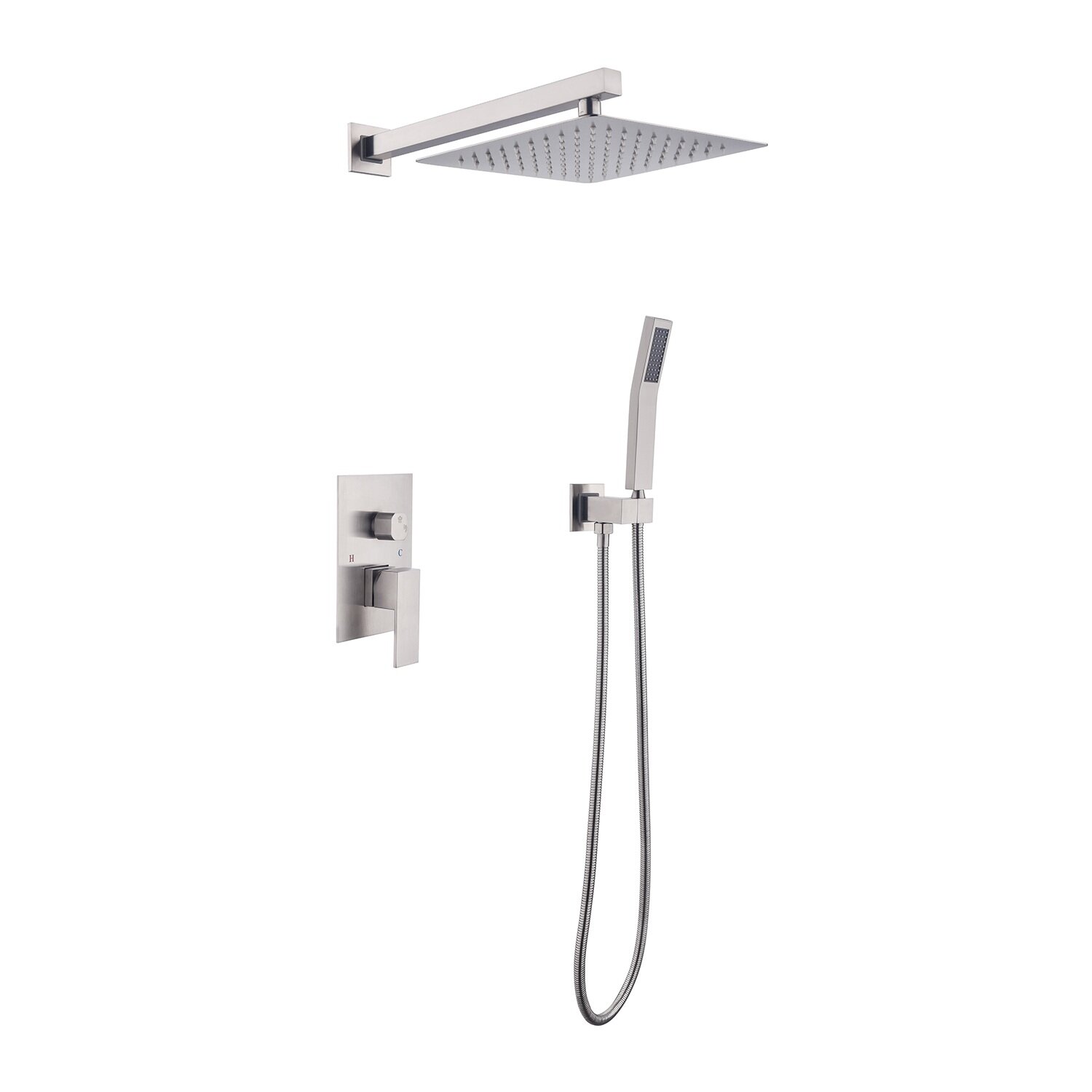 Single Wall Mount Handheld Round Bathroom Shower Head Metal Hose Brushed Nickel
