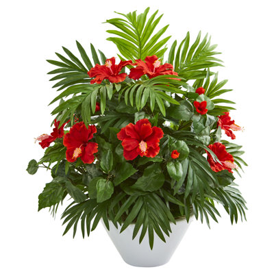 Hibiscus and Areca Palm Artificial Flowering Plant in Bowl