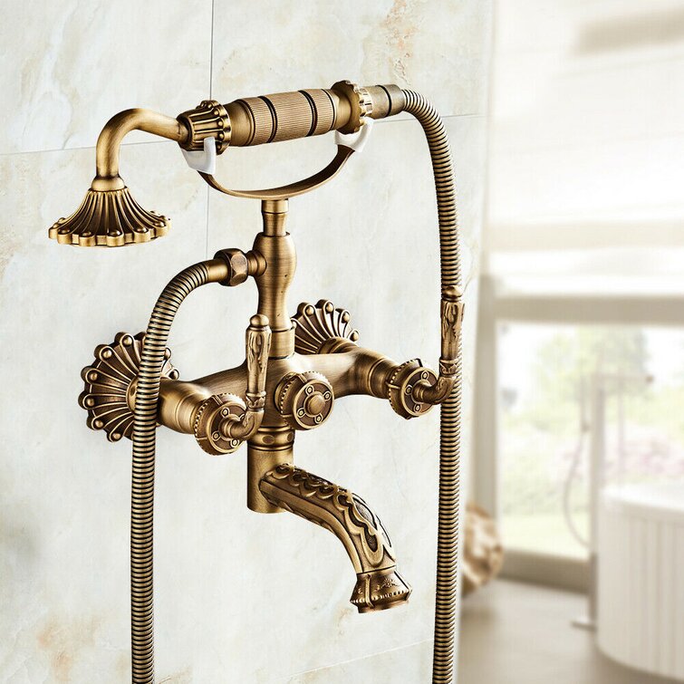 Wall Mount Antique Brass Bathroom Tub Mixer Tap Hand Held Shower Riser Faucet 
