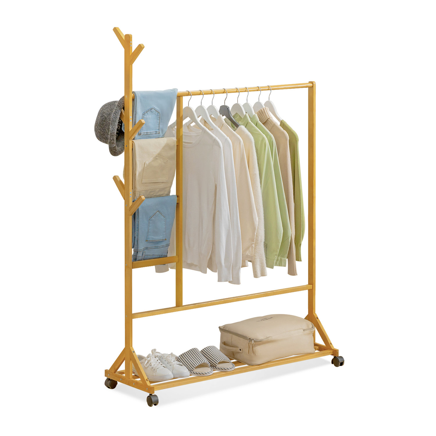 MoNiBloom Sliding Coat Rack with Hat Hooks Bamboo Clothing Stand, Wheeled Caster Clothes