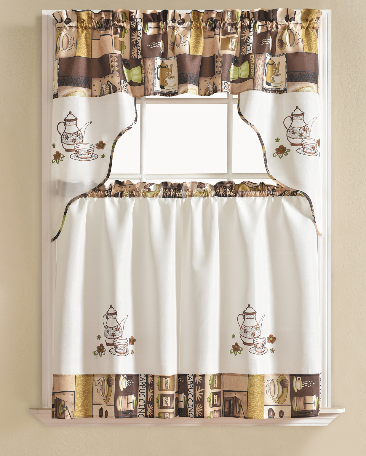 Curtains Pelmets 3 Piece Embroidered Design Wine Cup Kitchen