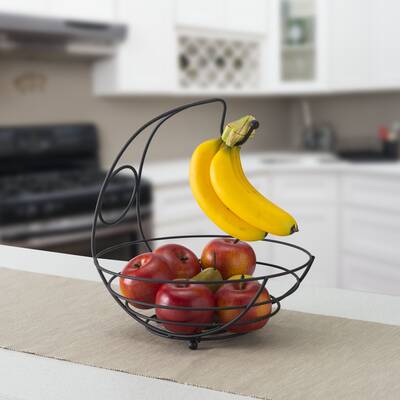 Ajmini 2 Tier Fruit Bowl Countertop Metal Fruit Basket Black Fruit