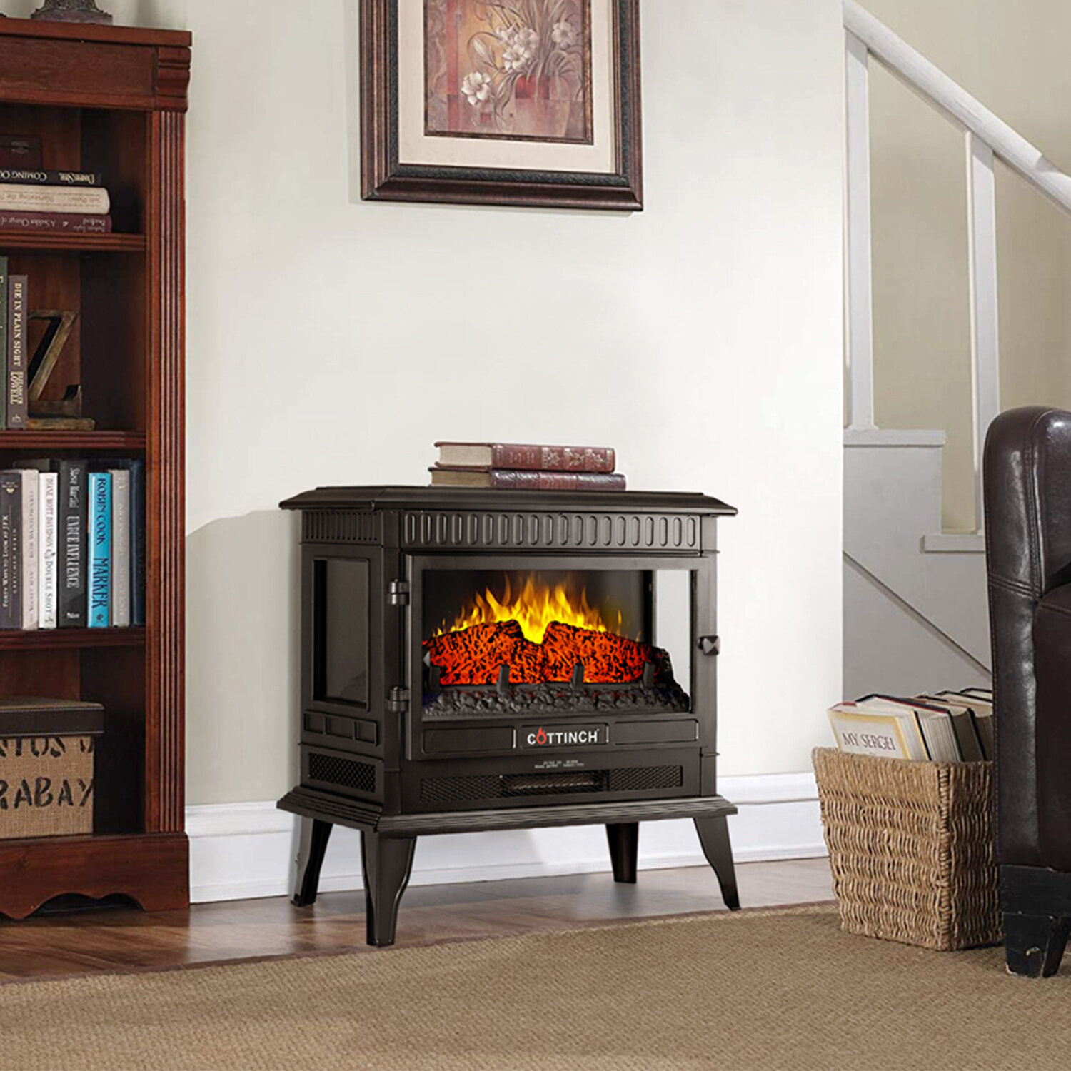 3 Side Fire Electric Fireplace Stove Freestanding Portable Indoor Space Heater 
