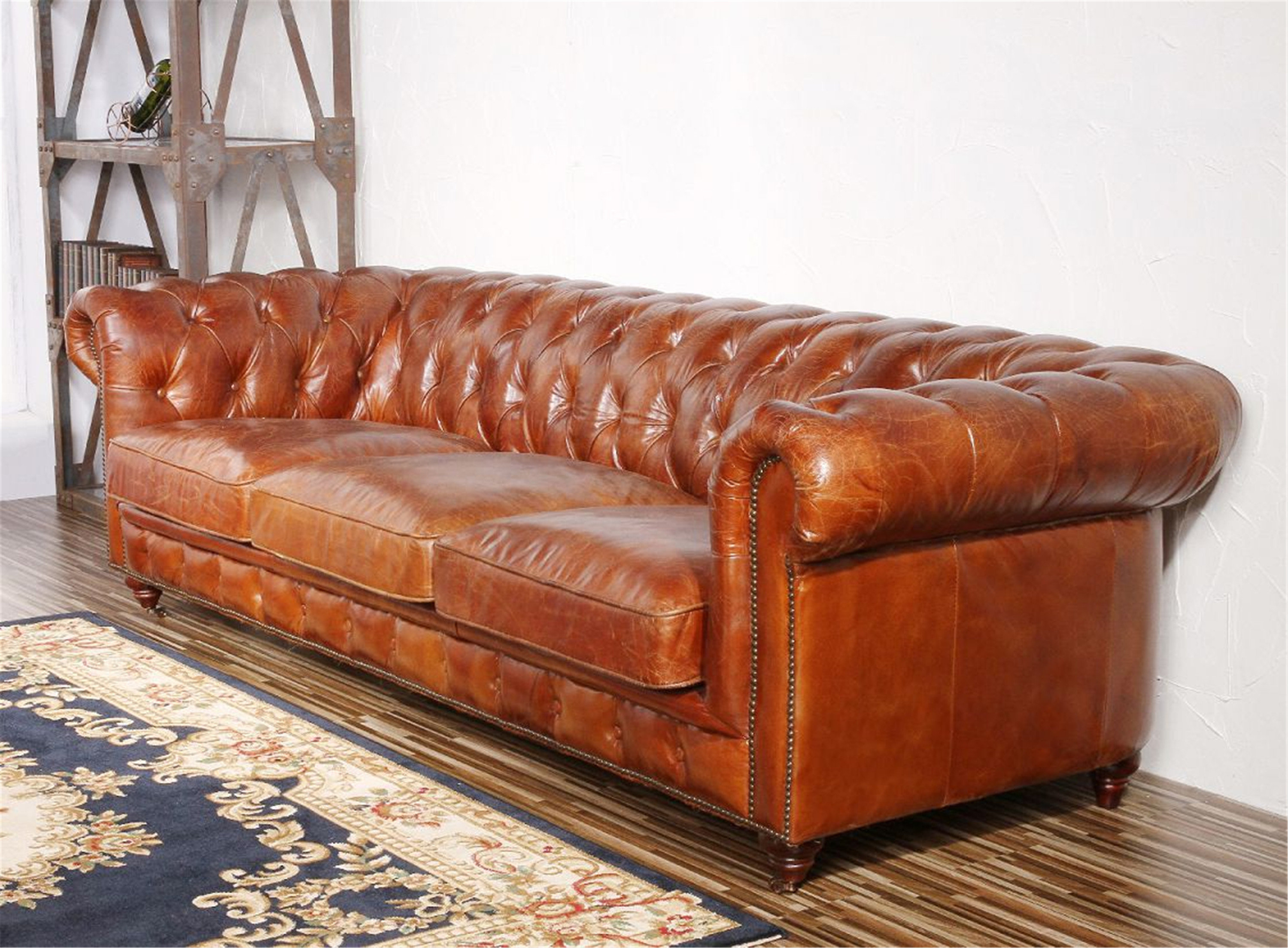 Pasargad Genuine Leather Chesterfield 96 Rolled Arm Sofa