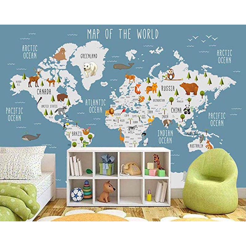 Zoomie Kids Peel And Stick Blue World Map Wall Mural Cartoon Animal Wallpaper Wayfair