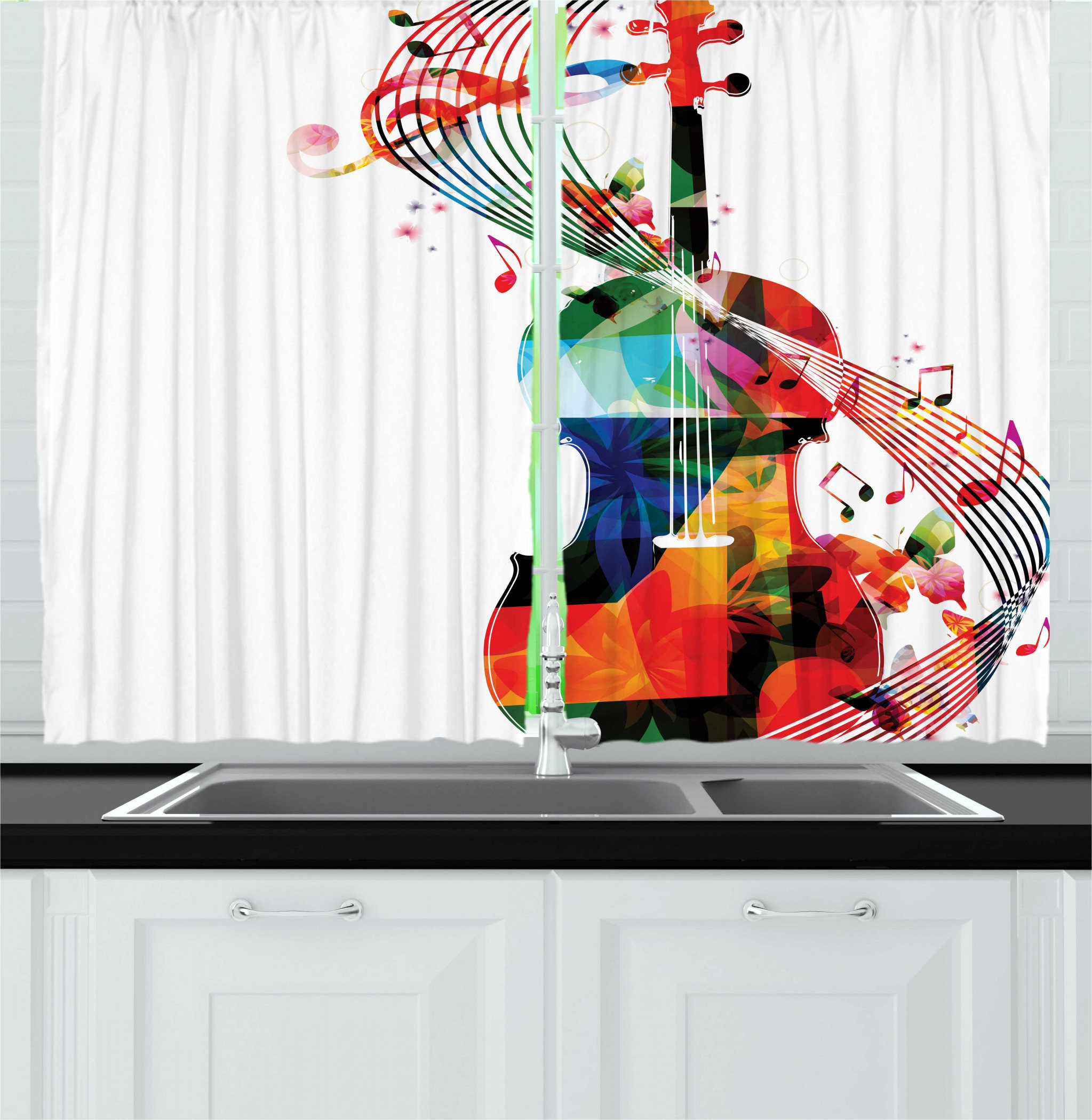 East Urban Home 2 Piece Cello Polygonal Design Of String Instrument With Music Notes Kitchen Curtains Set Wayfair Music Notes Kitchen Curtains Set