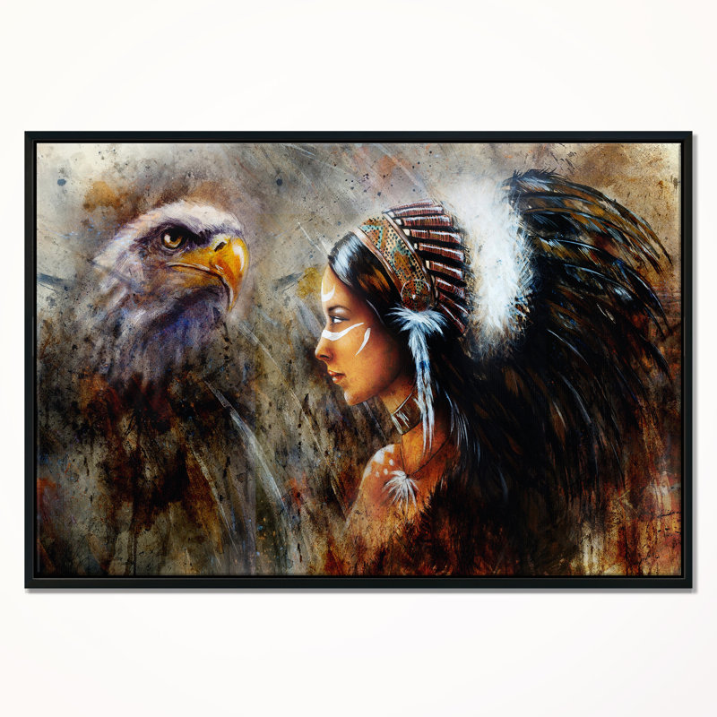 East Urban Home Indian With Feather Headdress Framed Oil