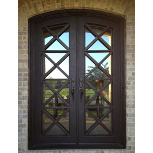 Double Exterior Doors You Ll Love Wayfair Kyril Premium Arch Top Iron Prehung Front Entry Door