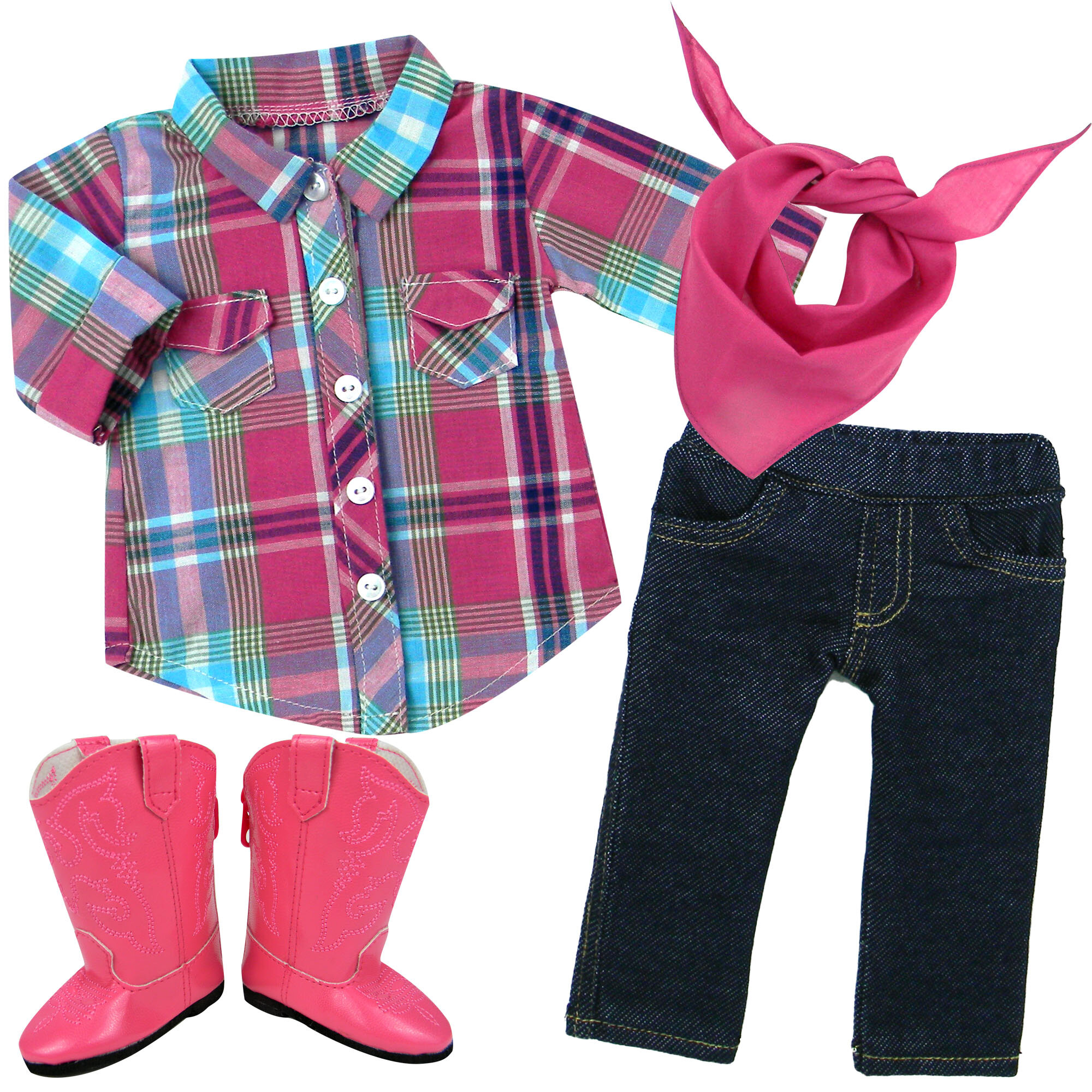 Navy Plaid Tunic and Stretch Denim Jeans made to fit 18 inch dolls
