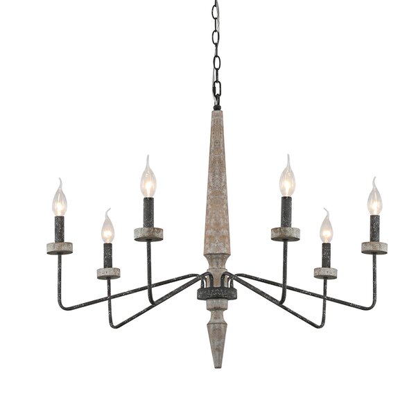 Classic Chic Sculpted Wooden 6-Light Hanging Chandelier with Candle Shaped Light 