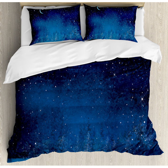Moon Mystic Winter Wonderland With Starry Sky Dark Night Magical Forest Landscape Duvet Cover Set
