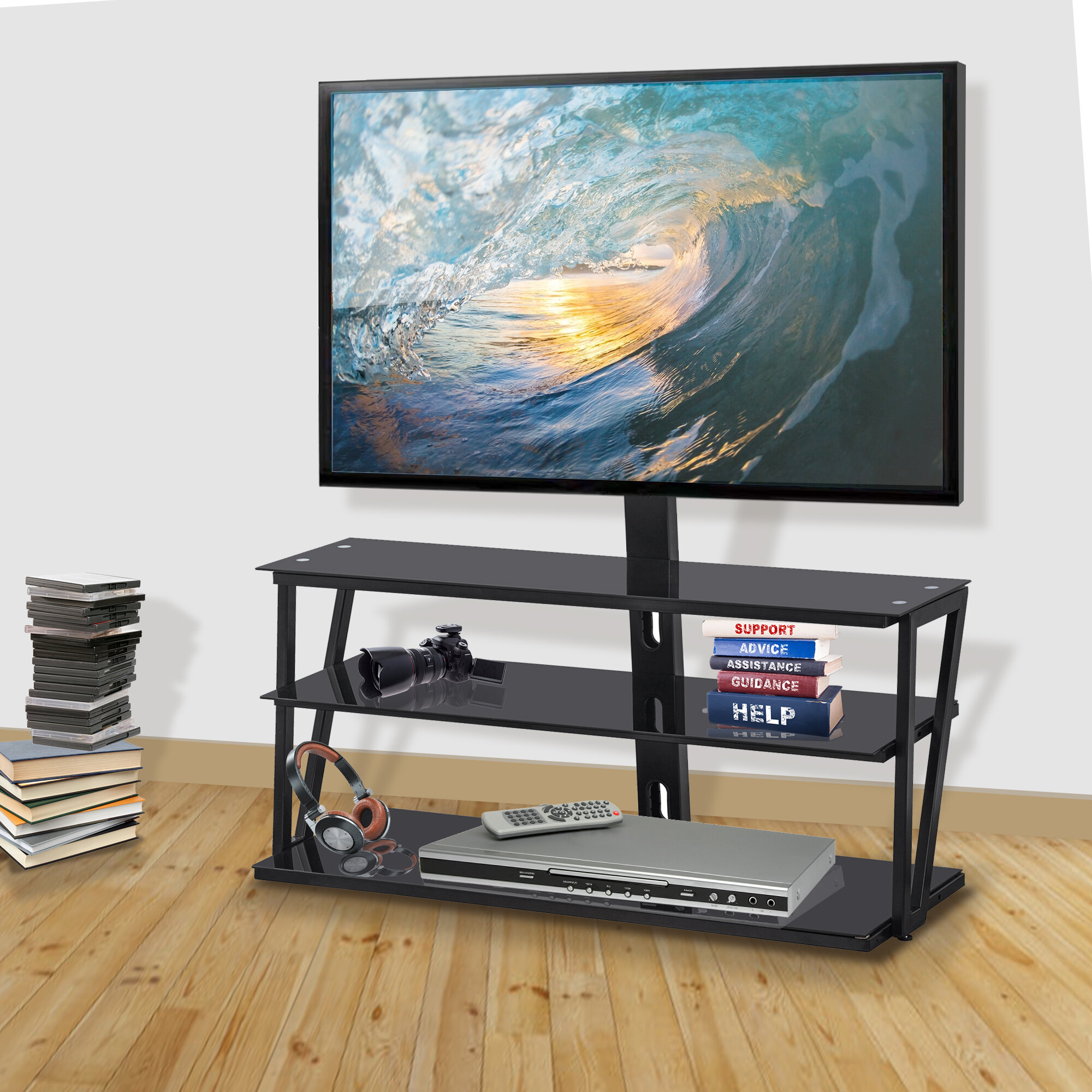 Guangming Universal Tempered Glass Metal Frame Three Layer Glass Tv Stand Height And Angle Adjustable 400 600 Vesa For 32 65 Inch Tv Can Accommodate Various Electronic Devices Ps4 Dvd Game Console Wayfair