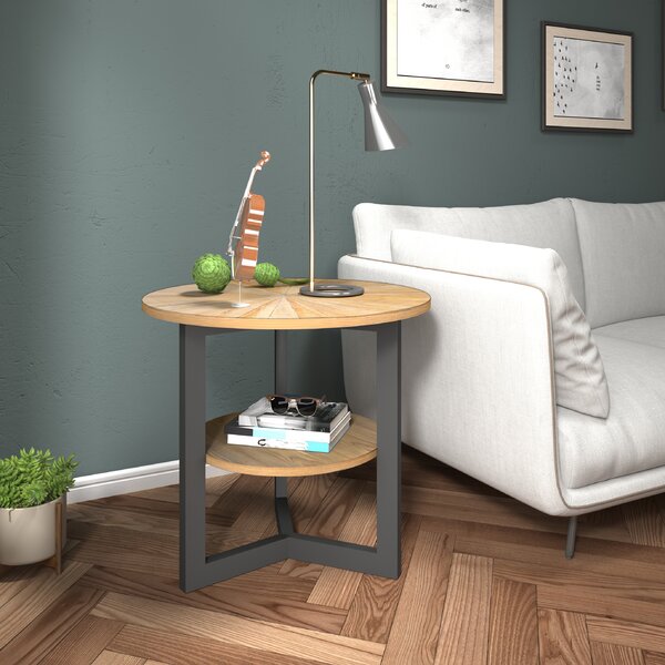 2 x Wire Mesh Industrial Side Table With Hairpin Legs Oak Effect & Matt Black 