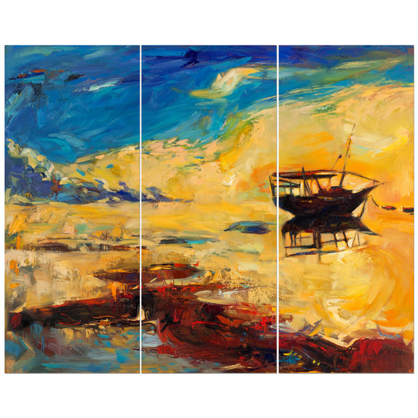 East Urban Home Fishing Boat Over Ocean Sunset Oil Painting Print Multi Piece Image On Wrapped Canvas Wayfair