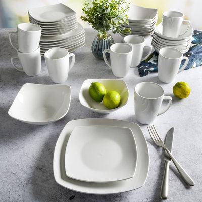 Gibson Home Everyday Square 40-Piece Expanded Dinnerware Set, White Porcelain