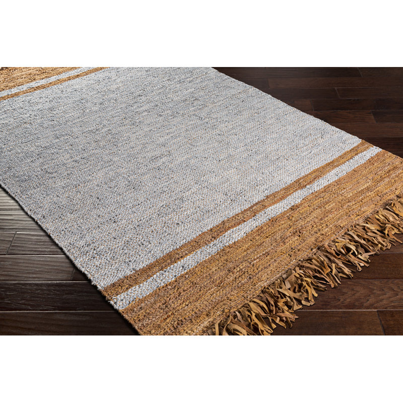 August Grove Abeilles Striped Handmade Flatweave Leather Light Gray Orange Area Rug Wayfair