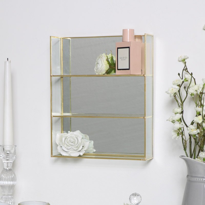 Gold Mirrored Shelving Unit brown