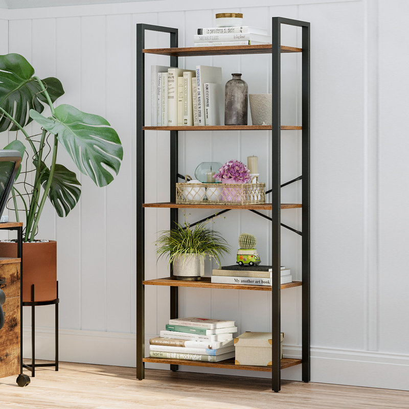 17 Stories 5 Tier Storage Rack Bookshelf With Steel Frame For Living Room Office Study Hallway Industrial Style Rustic Brown And Black Lls061b01 Reviews Wayfair Ca