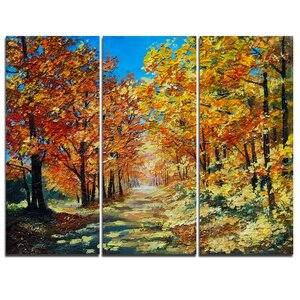 Bright Day in Autumn Forest - 3 Piece Painting Print on Wrapped Canvas Set