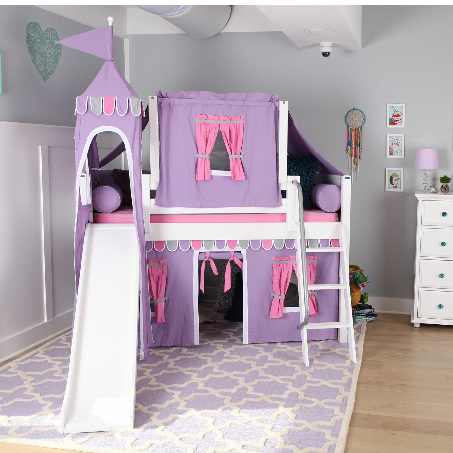 Zoomie Kids Stowers Wow Twin Loft Bed With Slide Tent And Curtains