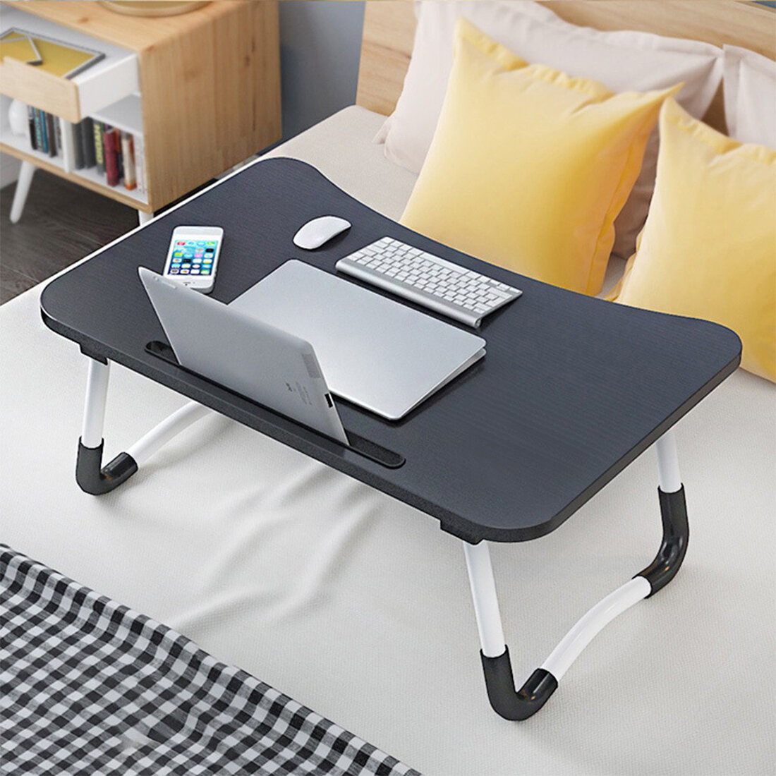 Foldable Bed Tray Table 23.6 Portable Laptop Stand Desk with Storage Drawer Laptop Desk Breakfast Tray Notebook Stand for Bed Couch Sofa Floor Slot and Cup Holder 