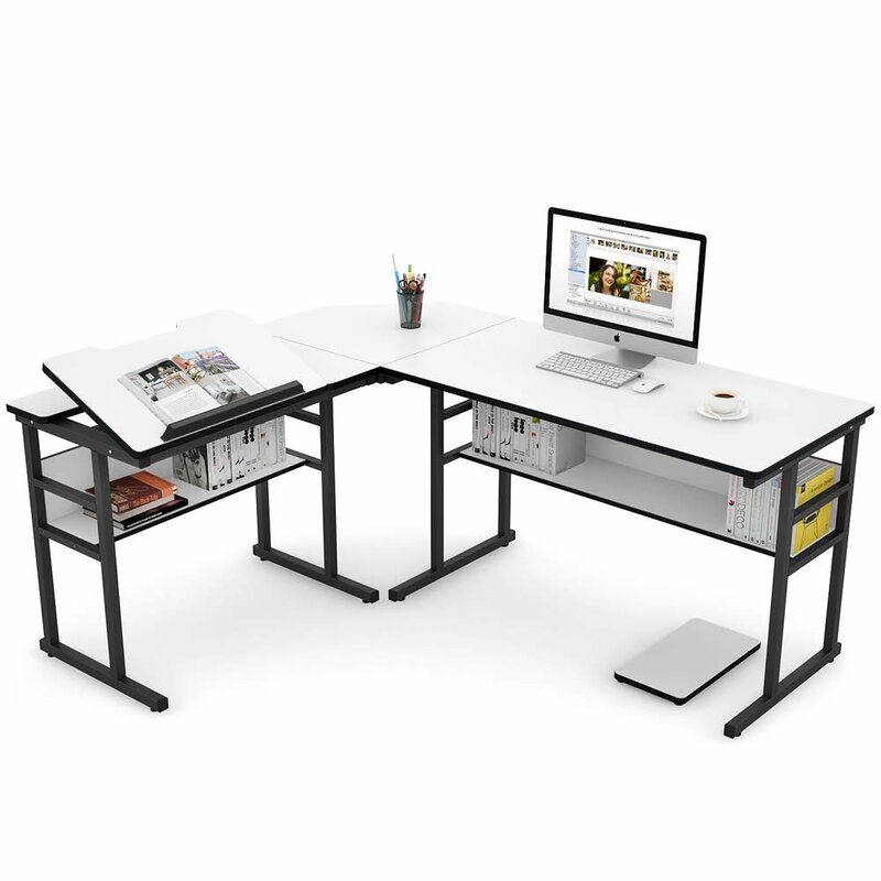Ebern Designs Steinway L Shape Drafting Table Reviews Wayfair