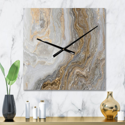 White Marble with Curley Gray and Gold Veins - Glam Metal Wall Clock