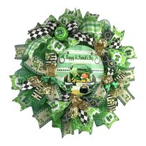 St Patricks Day Wreath Deco Mesh Shamrock Carnations Shades of Green Gold Irish 