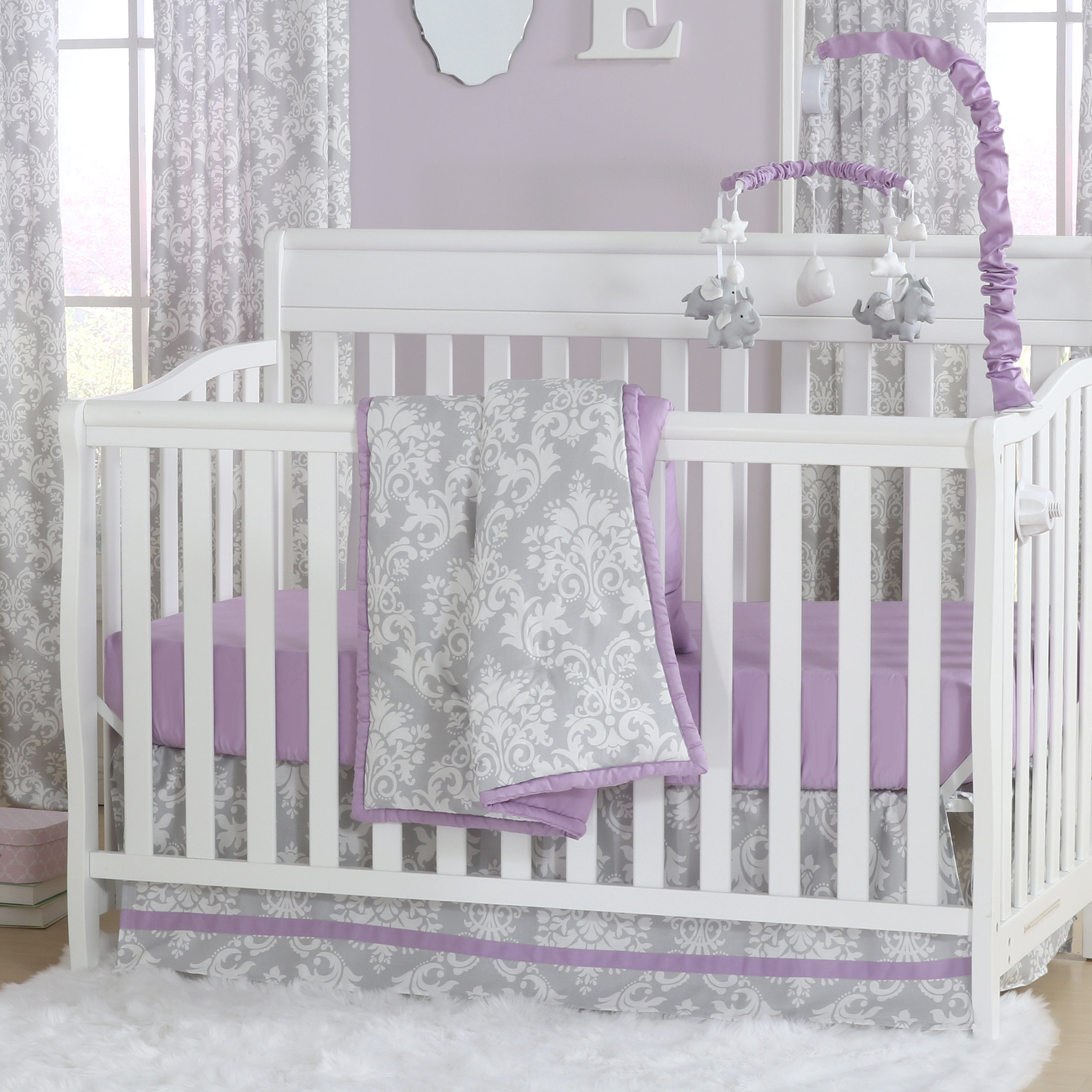 Pink And White Damask Crib Bedding