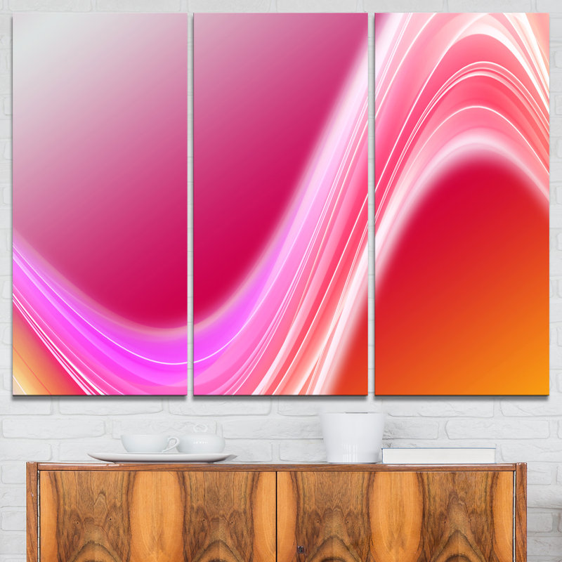 Designart Pink Abstract Curved Lines 3 Piece Graphic Art On
