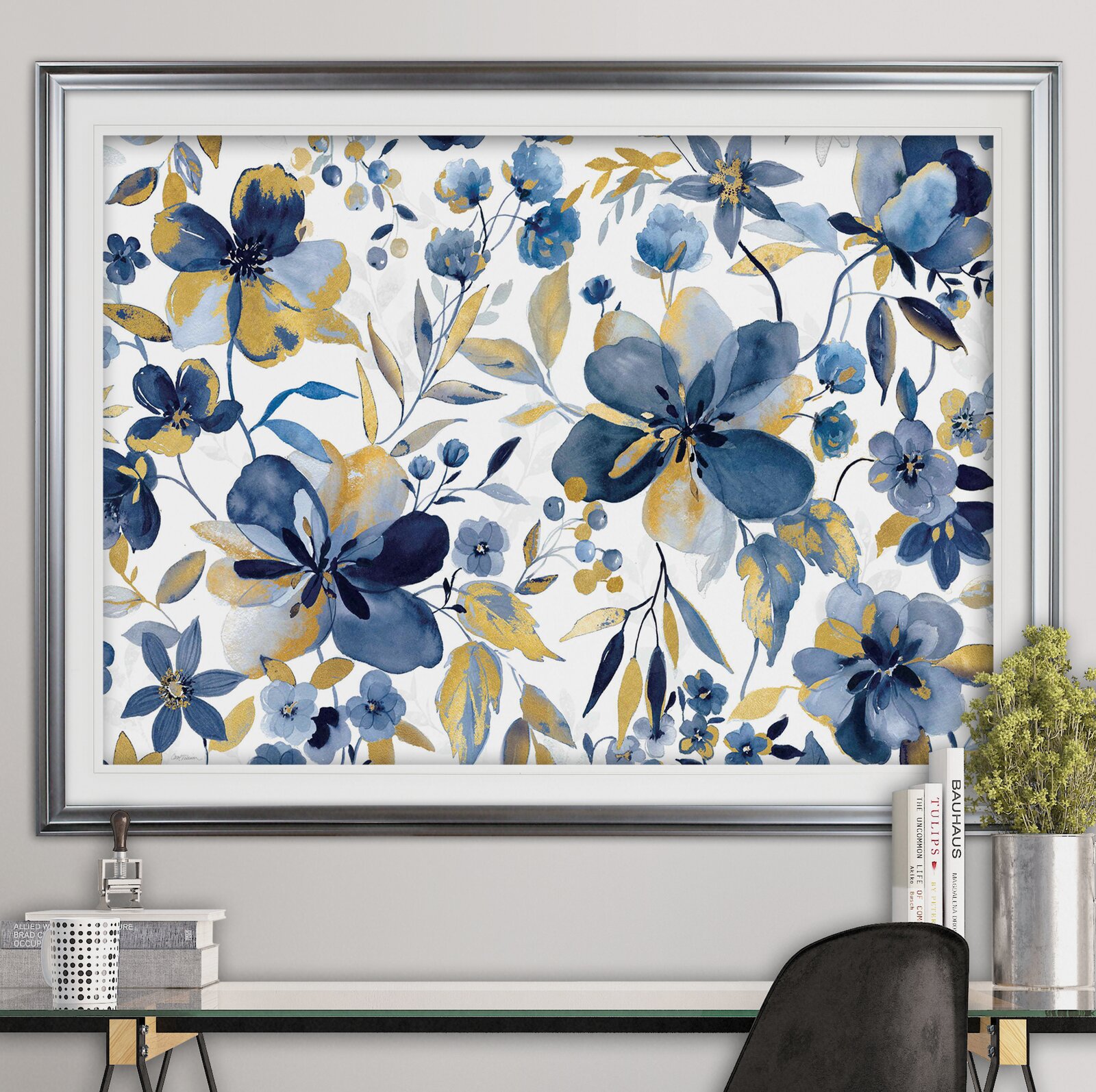Fancy Blue Art - 'Golden Indigo Garden' Oil Painting Print