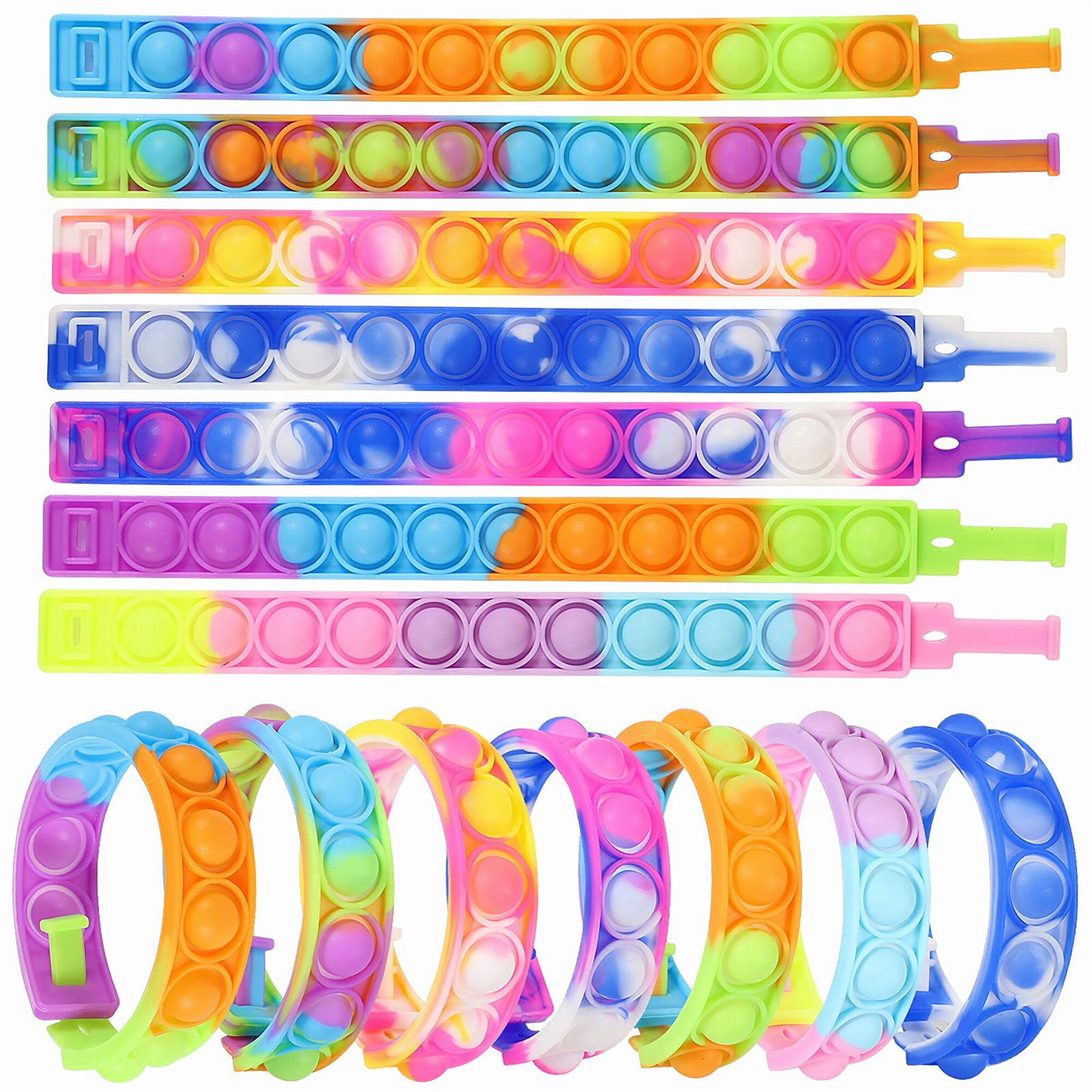 Multicolor Stress Relief Finger Press Bracelet for Kids and Adults ADHD ADD Autism 14PCS Push Pop Fidget Toy Fidget Bracelet Durable and Adjustable 