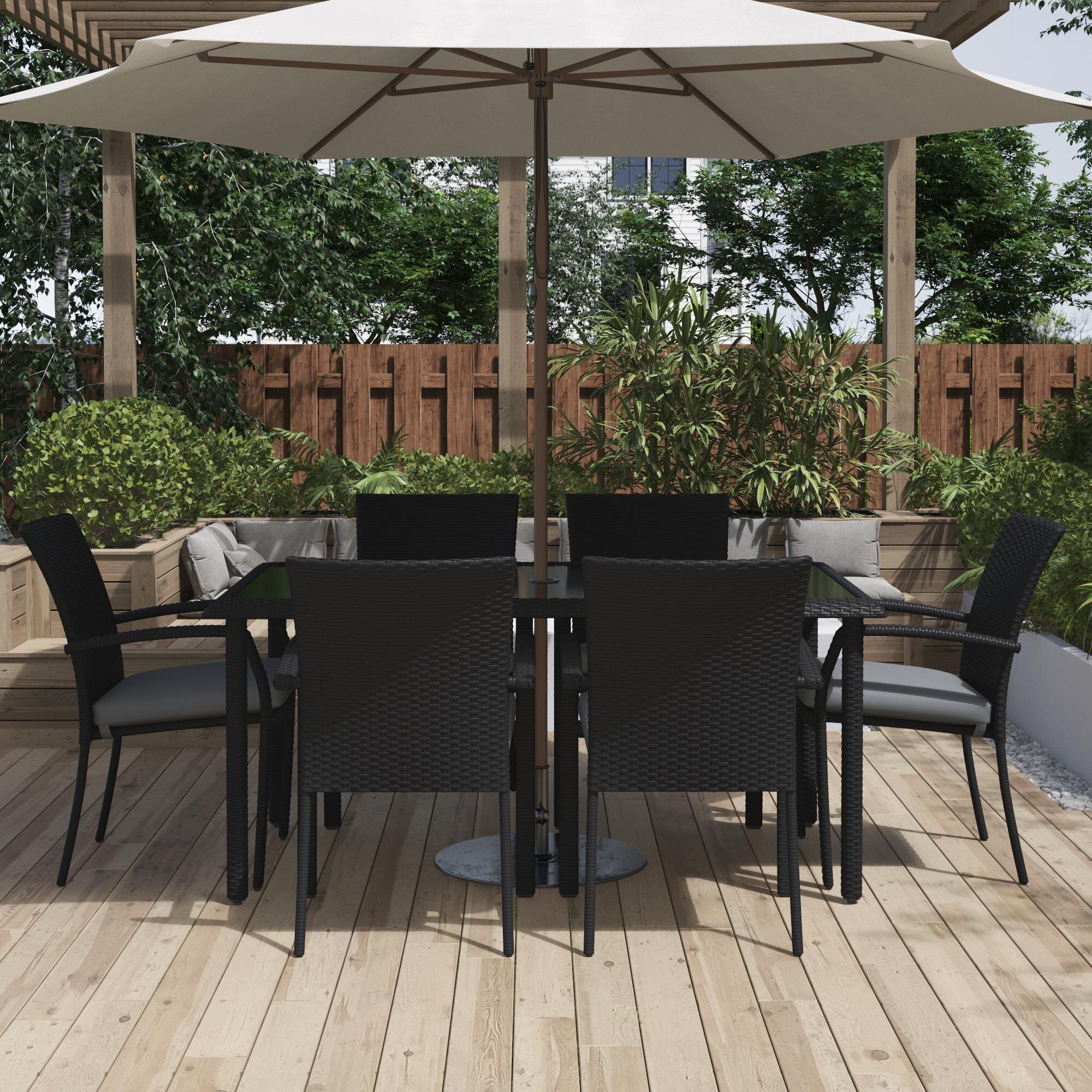 wooden garden set with parasol