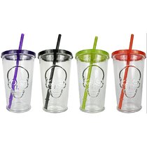 Lid Straw Glass Drinking Glasses With Skull Embossed Design 2 Pack, Black Lid 
