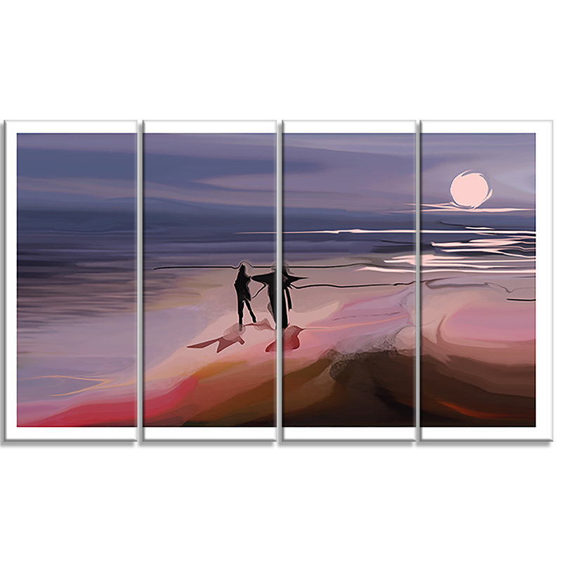 Designart Couple Walking Near Ocean At Night 4 Piece Painting