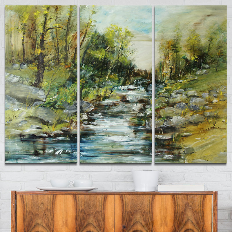 Designart Rocky Terrain With Creek 3 Piece Painting Print On