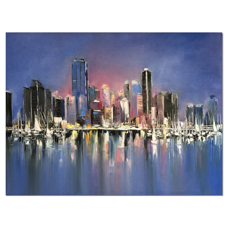 East Urban Home Coastal City Fantasy Night Scene Oil Painting Print On Wrapped Canvas Wayfair