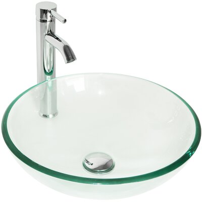 Clear Tempered Glass Circular Vessel Bathroom Sink with Faucet and Overflow wonline